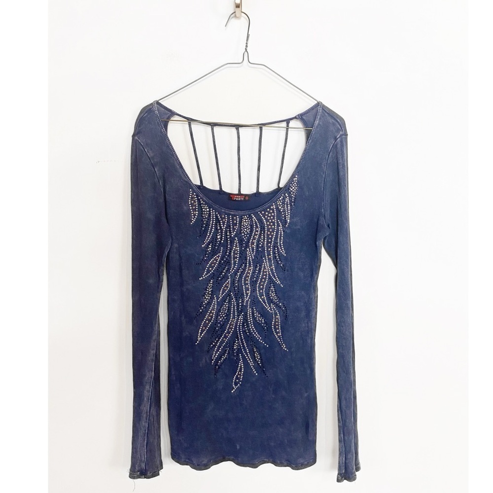 Y2K Ribbed Rhinestone TPARTY detailed back Long Sleeve fitted Top Womens size M